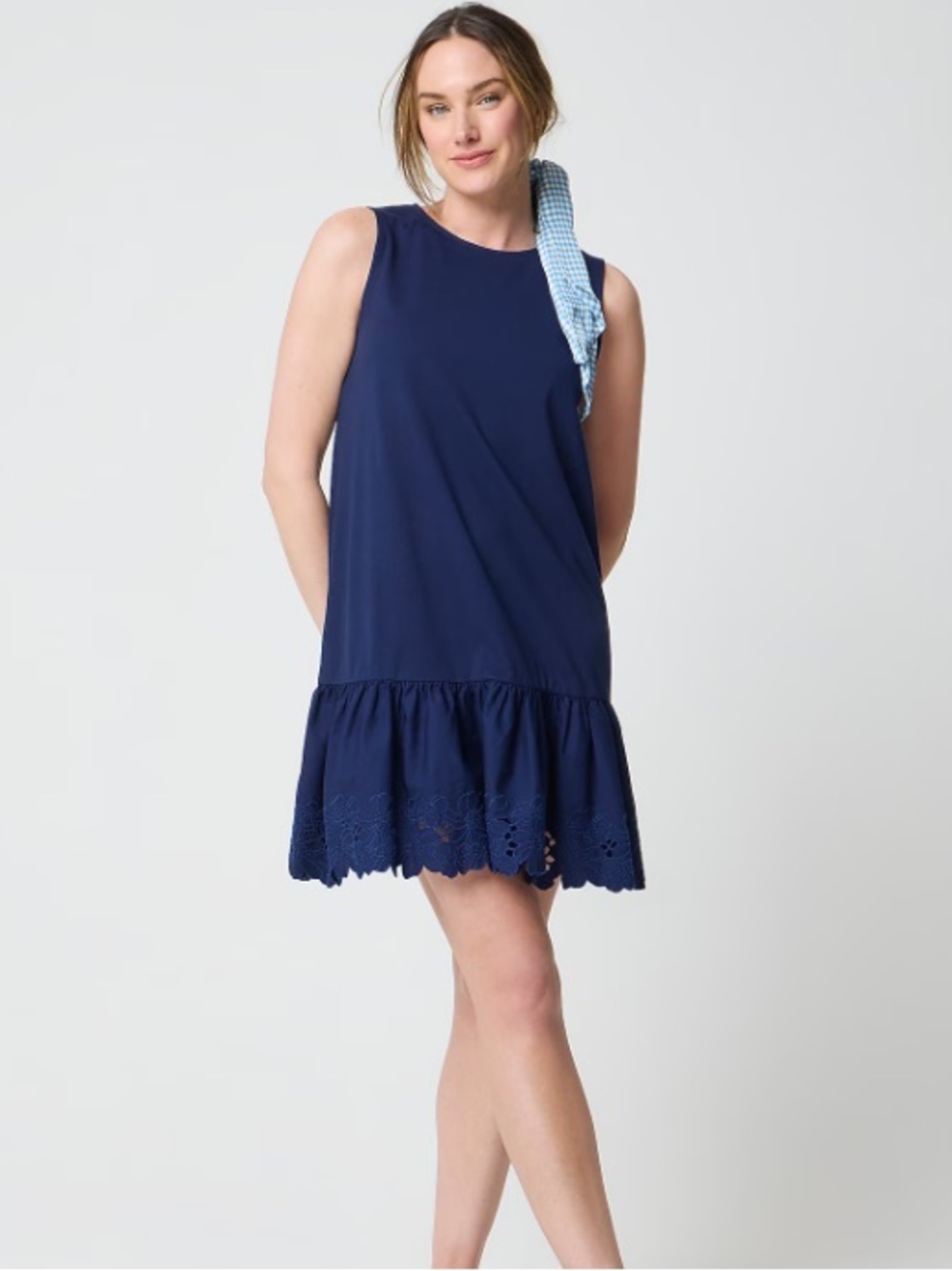 J crew antique navy Mixed-media eyelet-hem mini shift dress